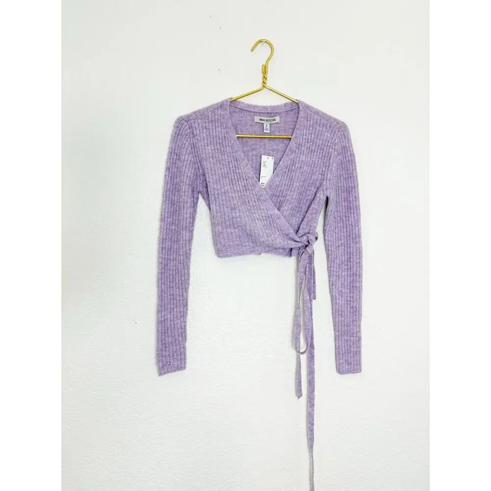 NWT Urban Outfitters Bibi Wrap Sweater Top Size Small Purple Knit Crop Ballerina
